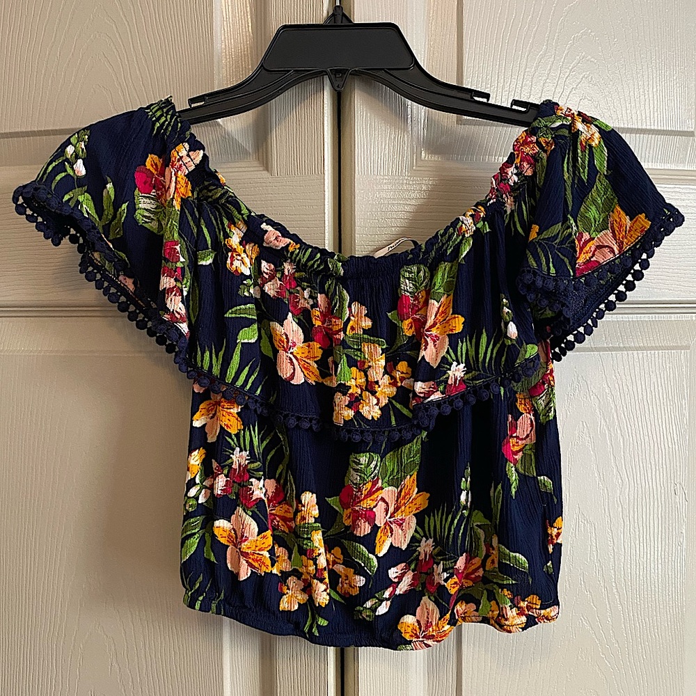 Papaya Crepe Ruffle Floral Cropped Top with Crochet Trim